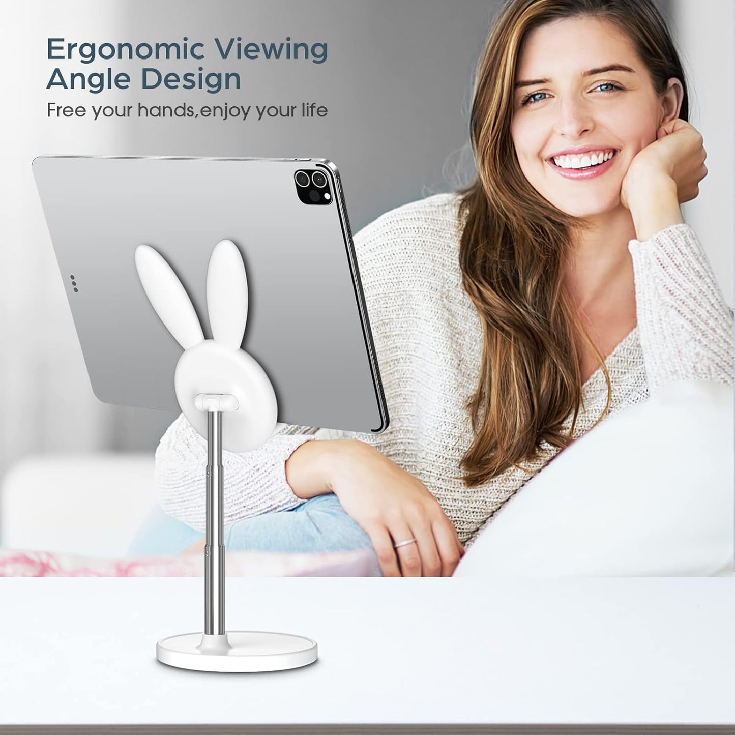 Cute Cell Phone Stand, Angle Height Adjustable Cell Phone Stand for Desk, Cute Bunny Phone Holder Stand, Compatible with All Mobile Phones,Iphone,Samsung,Pixel,Ipad,Tablet (White)