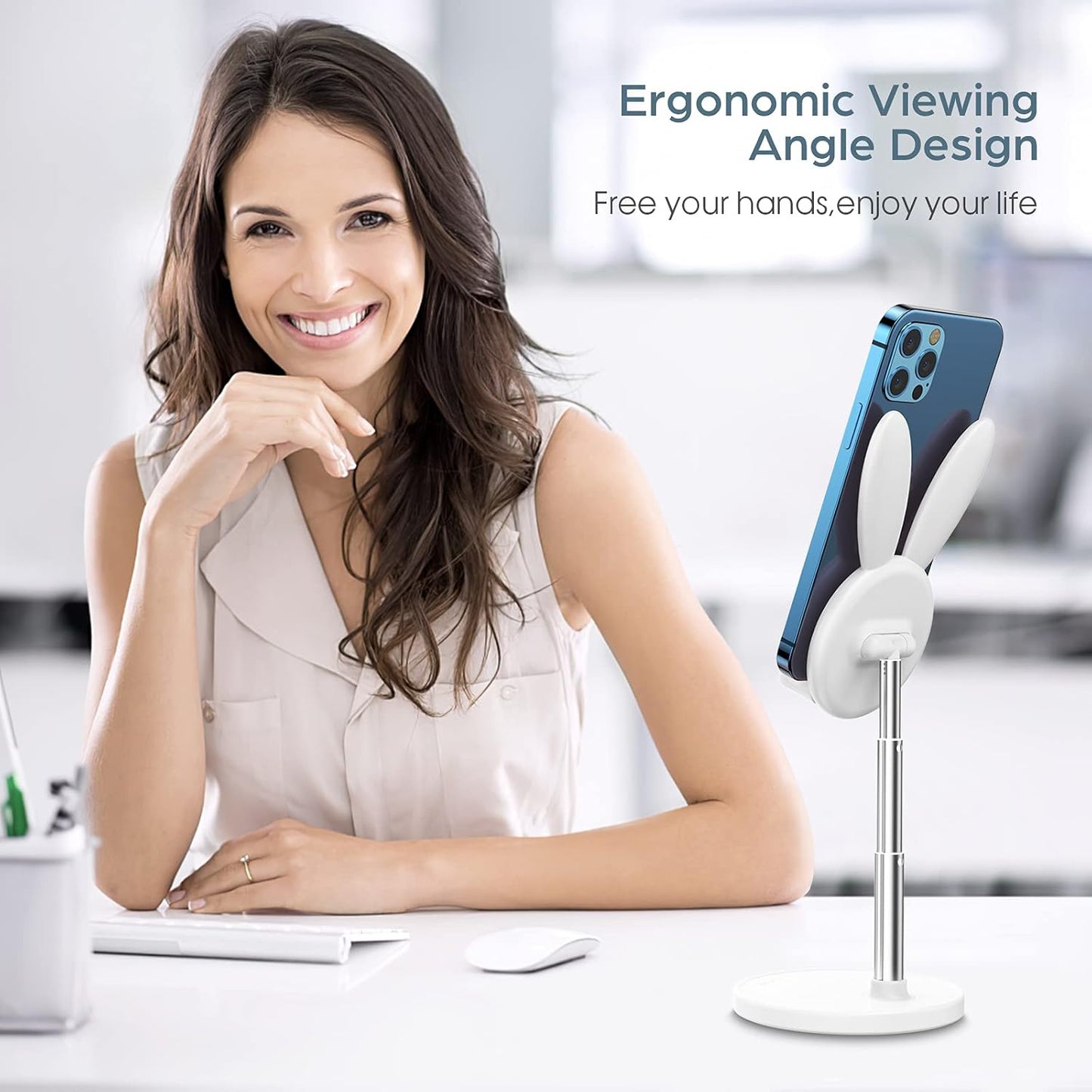 Cute Cell Phone Stand, Angle Height Adjustable  Cell Phone Stand for Desk, Cute Bunny Phone Holder Stand, Compatible with All Mobile Phones,Iphone,Samsung,Pixel,Ipad,Tablet (White)